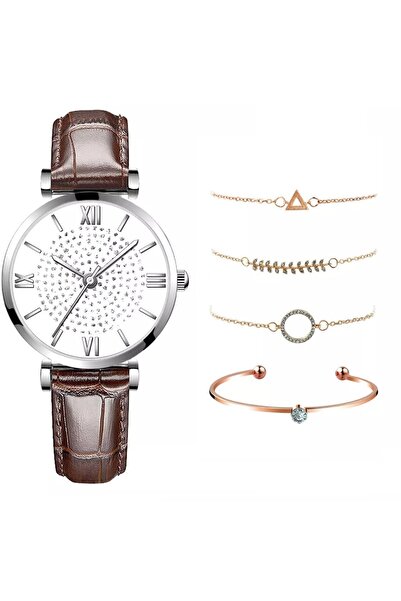 Produse.Top Ceas Dama cu bratara piele maro si set de 4 bratari aurii +Cutie CADOU QUARTZ CDQZ121