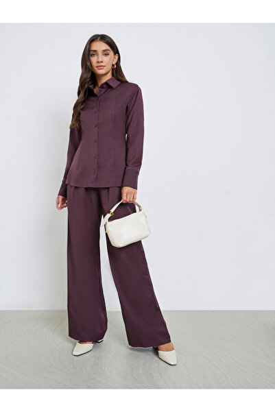 Styli Women Solid Shirt and Wide Leg Trousers Co-Ords