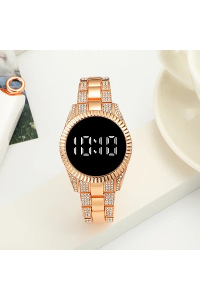 Produse.Top Ceas Dama Luxury LED touch screen curea material inoxidabil roz aurie cu strasuri CDQZ145