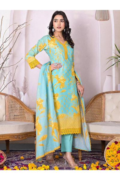 Ishin By Styli طقم نسائي من القطن، يتكون من قميص وبنطال وشال، مصنوع من الدانت...