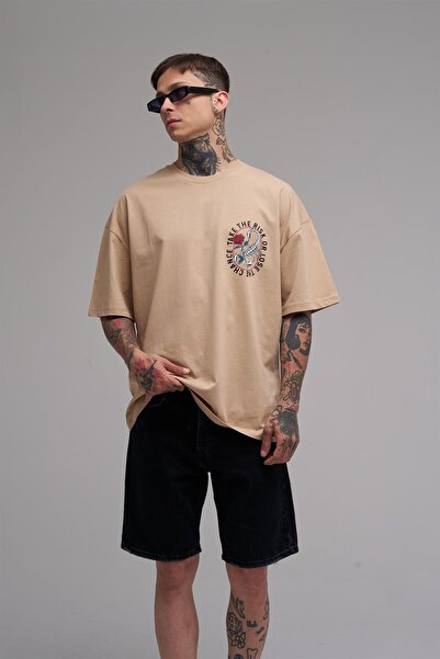 Machinist Unisex Oversized Scorpion and Rose Printed Cotton T-Shirt Beige