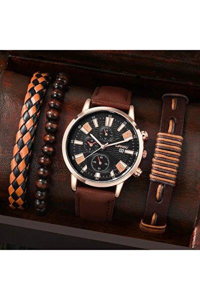 Produse.Top Set Ceas Barbati Elegant curea din piele ecologica maro si cadran negru +3 bratari diferite CBYZ014