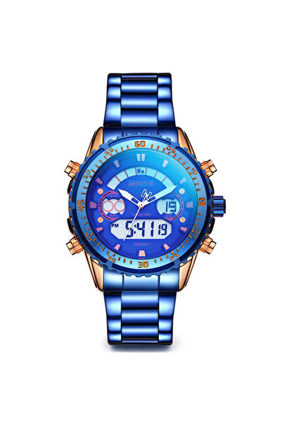 Produse.Top Ceas Barbati Digital Albastru cu insertii aurii si curea metalica + CUTIE CADOU Stryve CBSTV012