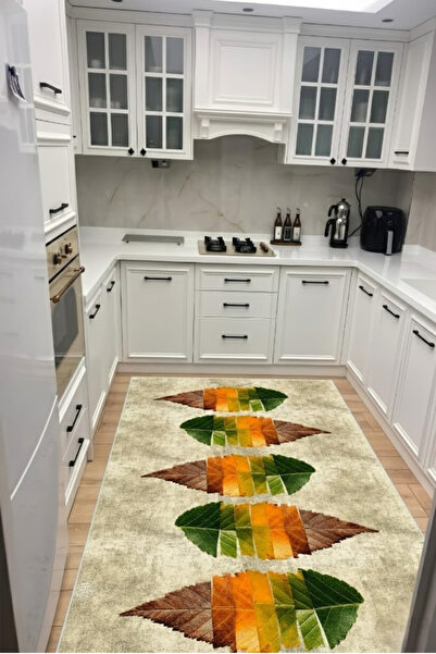 VOPTEKS Yaprak Desenli Mutfak Halısı Makinede Yıkanabilir Halı Kaymaz Taban Halı