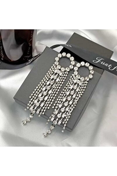 Produse.Top Cercei eleganti lungi argintii cu franjuri si strasuri CW63