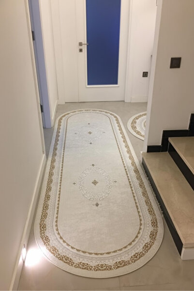 VOPTEKS Beyaz Gold Halı Yolluk Makinede Yıkanabilir Halı Kaymaz Taban Halı