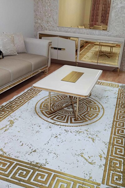 VOPTEKS Beyaz Gold Halı Salon Halısı Makinede Yıkanabilir Halı Kaymaz Taban Halı