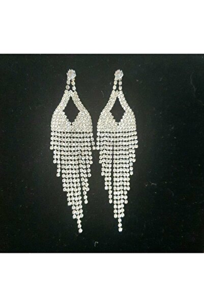 Produse.Top Cercei eleganti lungi argintii cu franjuri si strasuri CW62