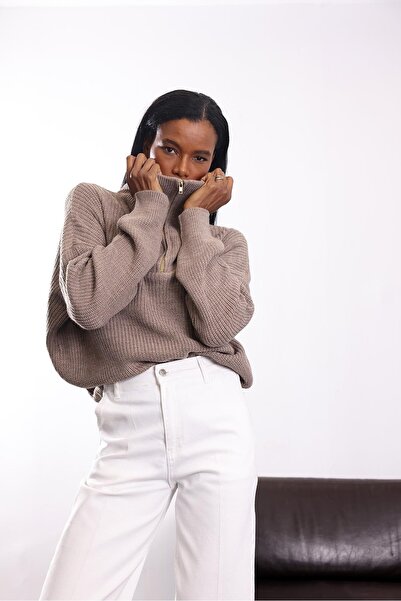 5in1Canpolat Brown Collar Double Color Zippered Knitwear