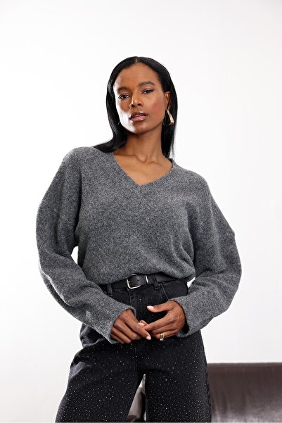 5in1Canpolat Anthracite V-Neck Knitwear Sweater 7037