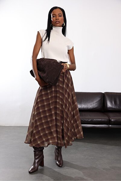 5in1Canpolat Brown Plaid Chiffon Maxi Skirt 0613