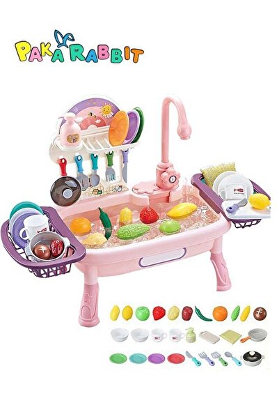 Generic مجموعة ألعاب حوض المطبخ للأطفال من باكا رابيت مع ماء جارٍ، 34 قطعة، غ...