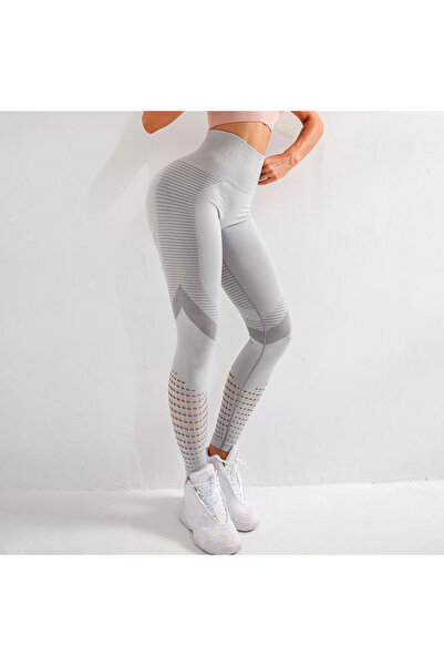 Produse.Top Colanti Dama Sport gri-deschis cu talie inalta perforati pe gambe BLUEECHHO CDFIT020