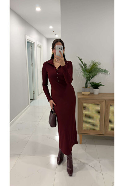 BİRCANÇİL Rochie tricotată Aldosra Burgundy material reiat cu detaliu cu nast...