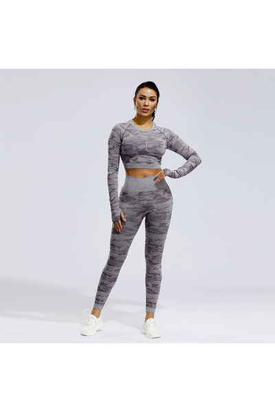 Produse.Top Costum Sport Fitness Camuflaj Colanti si Bluza Crop cu Maneca Lun...