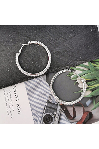 Produse.Top Cercei eleganti rotunzi mari argintii cu perle CW14