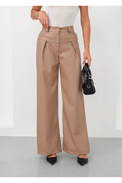 Butik Leather wide-leg pants with elastic waistband, beige h263644