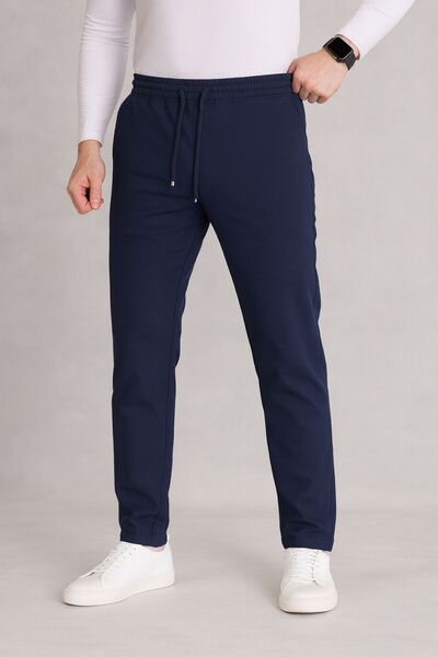 Bürke Men's Navy Blue Elastic Waist Lace-Up Double Leg Jogger Pants