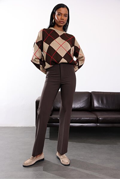 5in1Canpolat Brown Straight Cut Fabric Trousers 9010