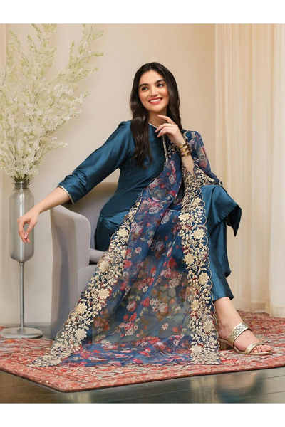 Ishin By Styli Women Navy Blue Kurta with Pants and Dupatta Set