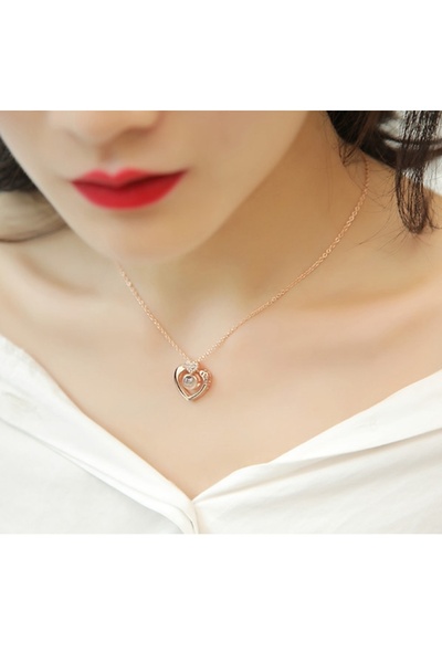 Produse.Top Colier dama auriu roziu cu inimioara si pietricele si proiectie I love You in 100 de limbi COL032