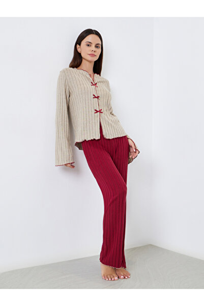 Styli Rib Bow Trim Detail Top and Pyjama Set