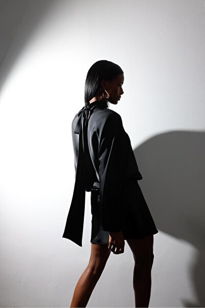 5in1Canpolat Matte Satin Dress with Black Scarf Detail