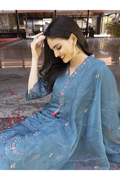 Ishin By Styli Women Blue Viscose Kurta with Pants and Dupatta Set