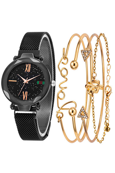 Produse.Top Set Ceas Dama cu 4 Bratari Fashion si Curea Magnetica Adaptabila Black CDQZ061
