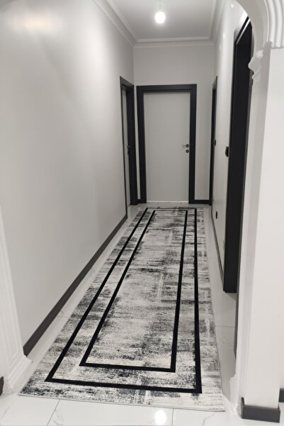 VOPTEKS Gri Siyah Halı Yolluk Makinede Yıkanabilir Halı Kaymaz Taban Halı