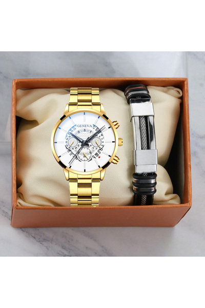 Produse.Top Set Ceas Barbati Elegant Auriu curea metalica + bratara inox + cutie cadou CBGV005