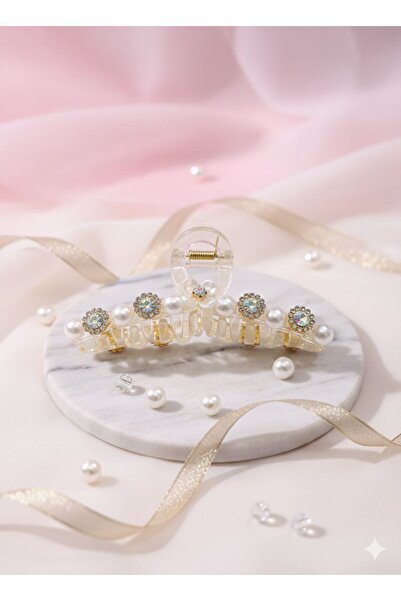 Shiklik Transparent Women's Hair Clip with Pearl and Stone Detail