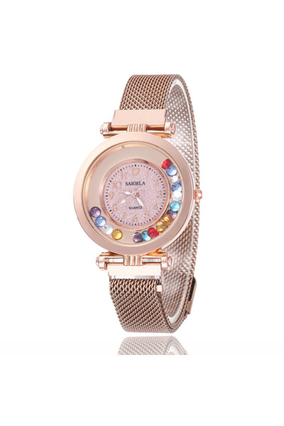 Produse.Top Ceas Dama cu bratara magnetica aurie si strasuri colorate QUARTZ CDQZ094