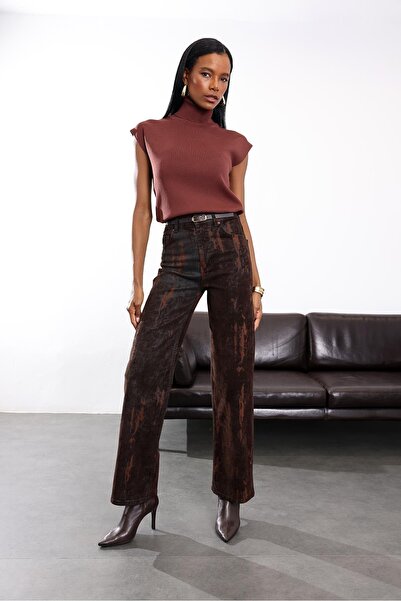 5in1Canpolat Bitter Brown Belted Wide Leg Jean 8077