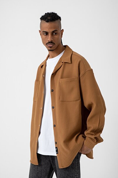 Machinist Add to Favoritesmen's Wrinkled Striped Double Pocket Oversized Shirt Camel