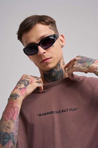 Machinist Unisex Oversized Dangerous but Fun Printed Cotton T-Shirt Plum