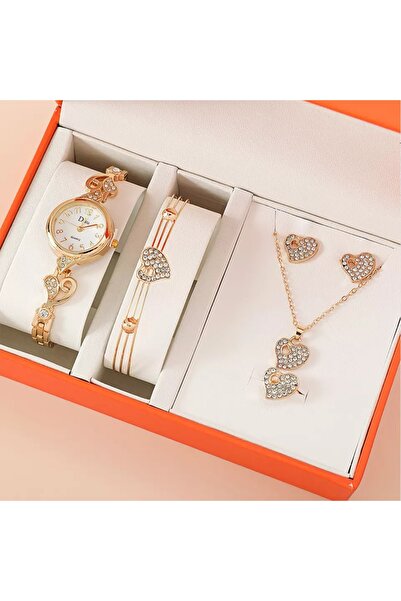 Produse.Top Set Ceas Dama Elegant auriu cu inimioare si cu set bijuterii cadou: cercei + colier + bratara + inel