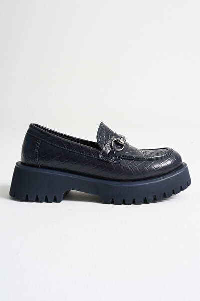 TRENDELLA Lara Buckle Detailed Navy Blue Crocodile Printed Casual Loafer Shoes