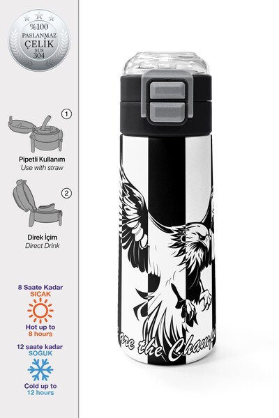 Coral High Kids Black and White Eagle Fan Patterned Steel Thermos with Straw and Direct Drinking Feature 500 ml 31789