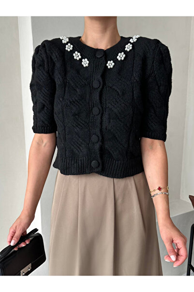 My Blog Black Collar Flower Beaded Cardigan - 4541