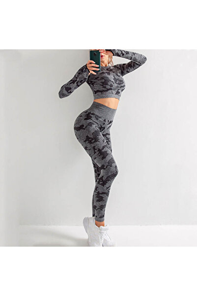 Produse.Top Costum Sport Fitness Camuflaj Colanti si Bluza Crop cu Maneca Lun...