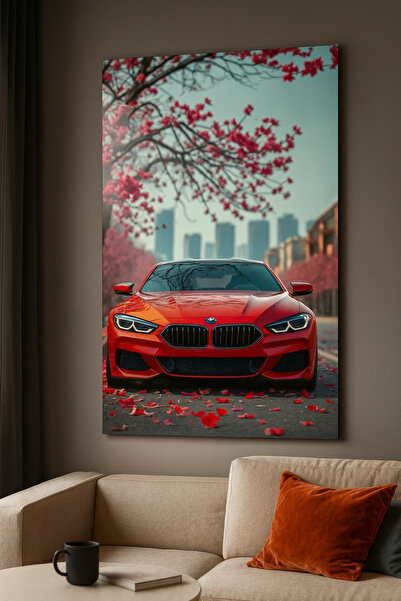 BLT DİZAYN Kırmızı BMW Spor Araba ve Kiraz Çiçeği Temalı Poster – Modern Deko...