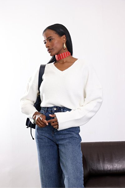 5in1Canpolat Ecru V-Neck Knit Sweater 7037