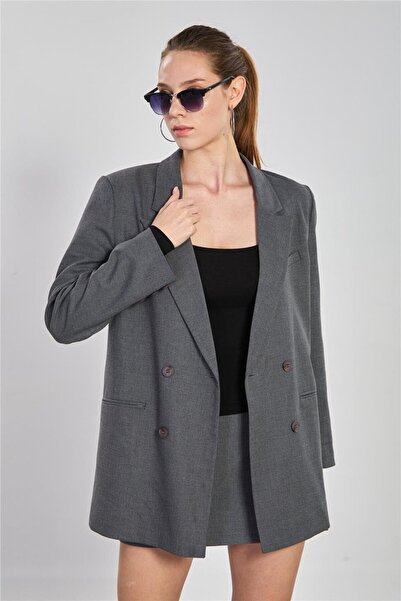 BARRELS AND OIL Women's Double-Breasted Collar Buttoned Jacket - Anthracite