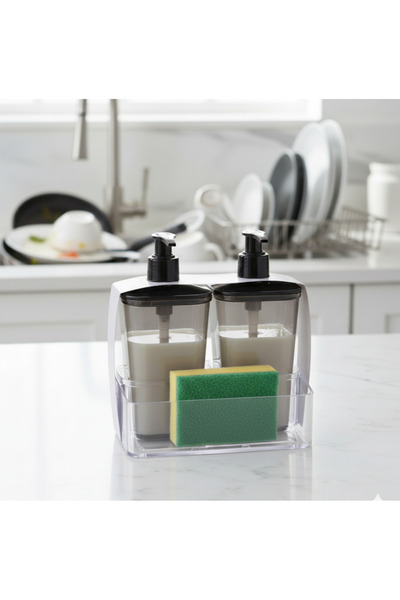 LUCES DESİGN Akrilik Çift Hazneli Sıvı Sabunluk Süngerlik Organizer Seti - Te...