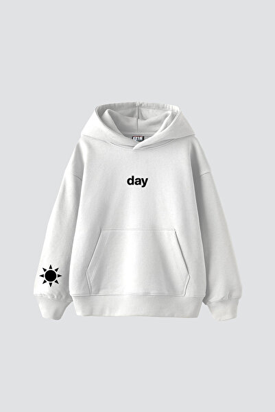 Sekizbiraltı Day Night Printed Oversized Unisex White Hoodie