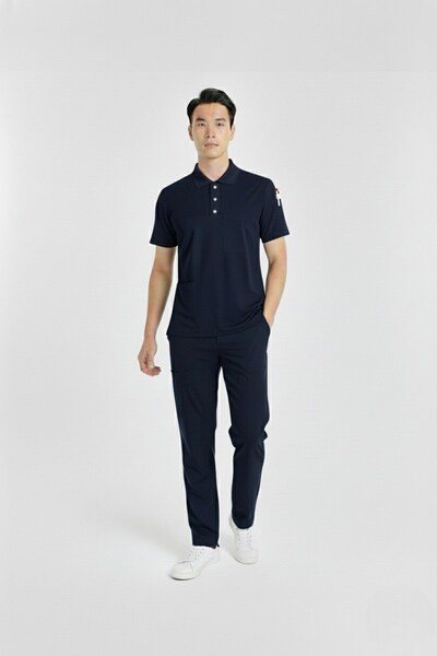 Nur Medikal Giyim طقم زي موحد للرجال من طراز زولو باللون الأزرق الداكن بياقة بولو قماش قابل للتمدد للأطباء والممرضات