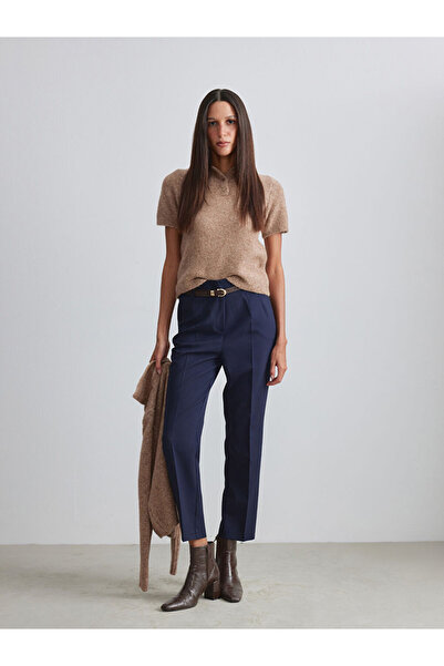 LC Waikiki Mg trend'en navy blue belted carrot cut women's pleated pants