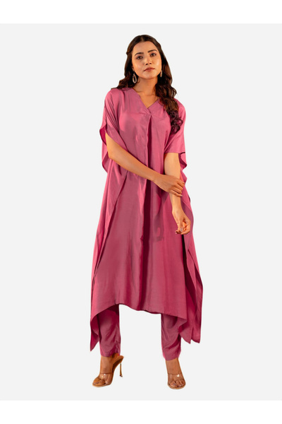 KASYA By Styli Pink Muslin V Neck Kaftan and Pants Co Ords