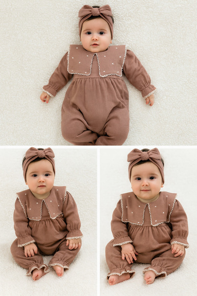 ALLYA MİNİ DRESS Maita Tulum Kare Mendil Yakalı Kalp Nakışlı Waffle %100 Pamuk Tulum ve Bandana Takım